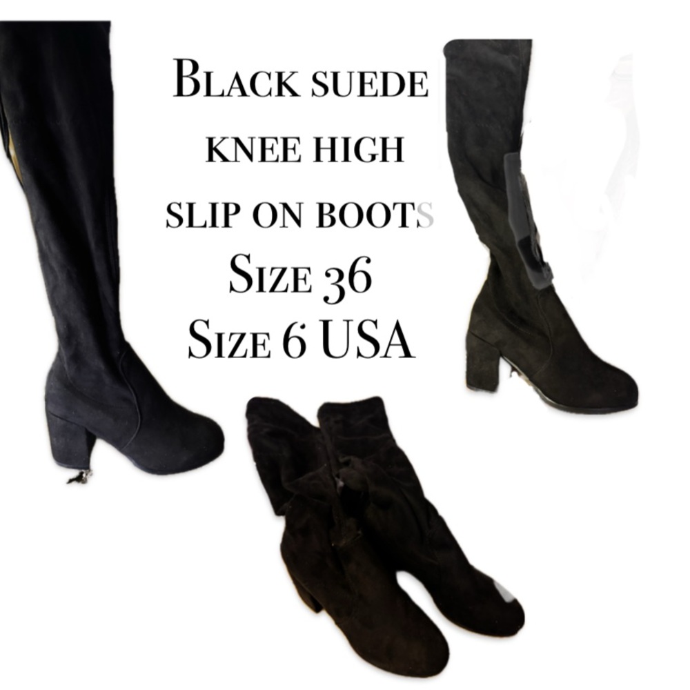 Black Heeled Boots Knee-High Suede